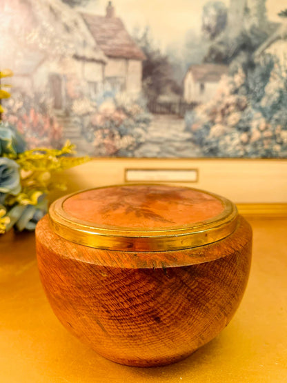 Vintage Wooden Floral Trinket Box with Brass Lid