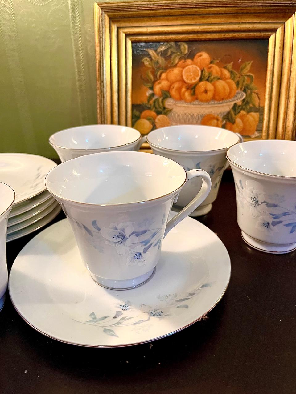 Vintage Blue Floral Porcelain Tea Set – 5 Cups & Saucers