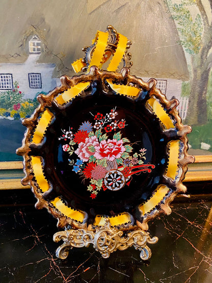(Rare find) Japanese Floral Decor Plate with Ribbon Accent – Hand-Painted Porcelain (Approx. 7 Inches)