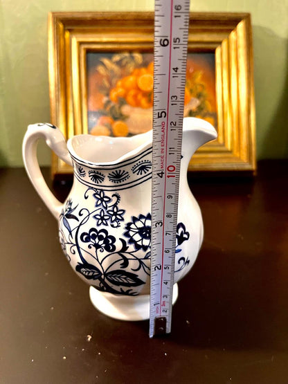 Vintage Blue & White Floral Ceramic Pitcher – 6 Inch