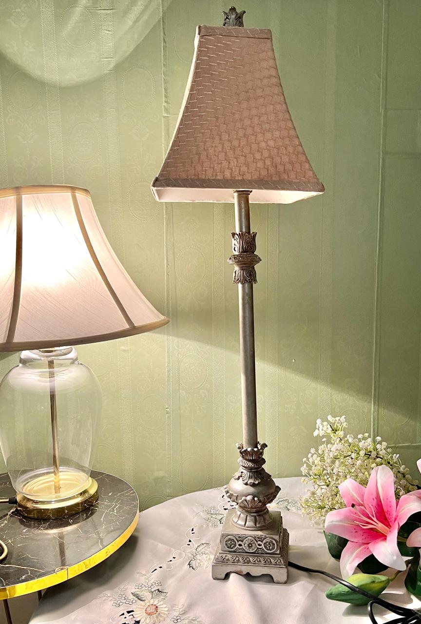 Vintage Ornate Silver Table Lamp with Pink Fabric Shade 76 cm