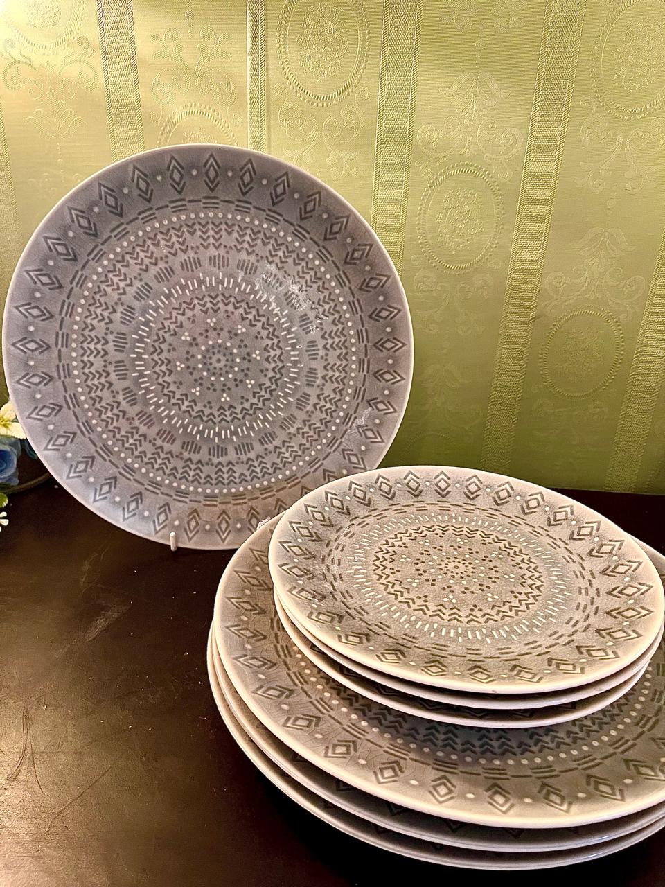 Modern Gray Geometric Dinnerware Set – 9 Piece Ceramic Plate Set with Mandala Pattern