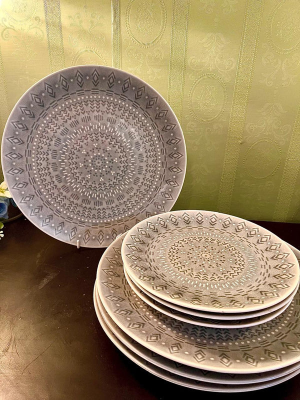 Modern Gray Geometric Dinnerware Set – 9 Piece Ceramic Plate Set with Mandala Pattern