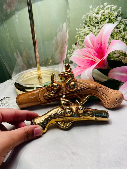 Vintage-Style Ceramic Flintlock Pistol Ornaments – Set of 2, Gold & Brown