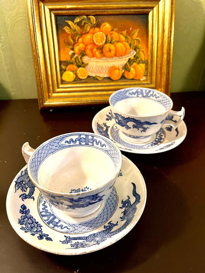 Vintage Blue & White Dragon Teacup & Saucer Set (each)