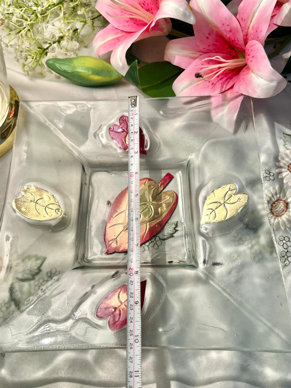 Vintage Crystal Divided Large Serving Platter with Leaf Design – 10 Inch