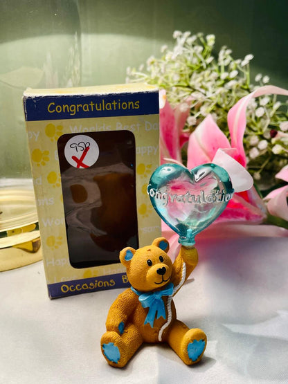 Congratulations Teddy Bear Figurine with Heart Balloon 10 cm
