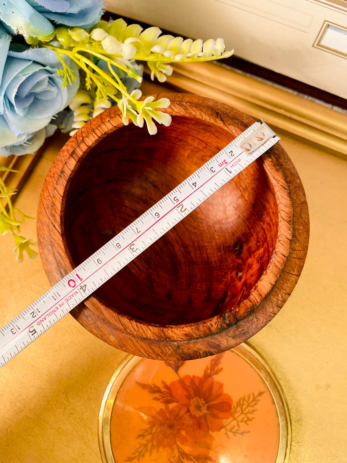 Vintage Wooden Floral Trinket Box with Brass Lid