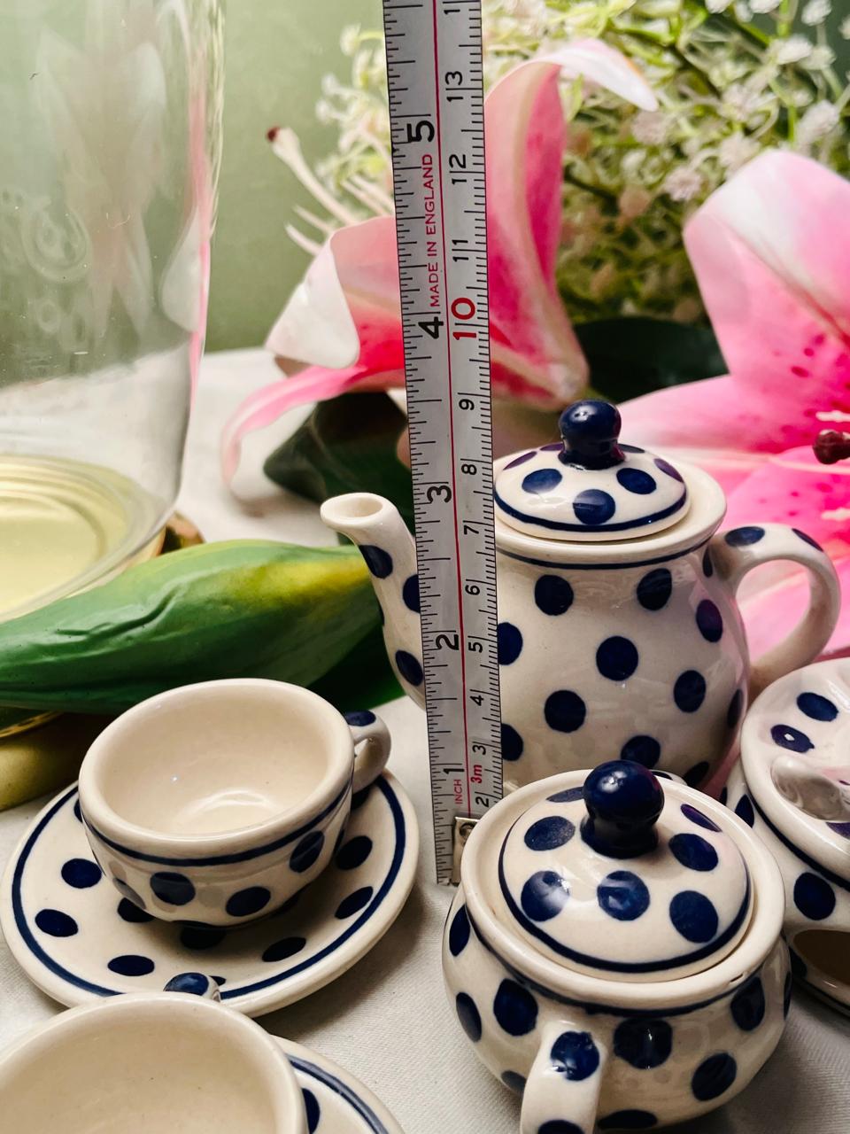 Vintage Blue Polka Dot Miniature Ceramic Tea Set 13 Piece