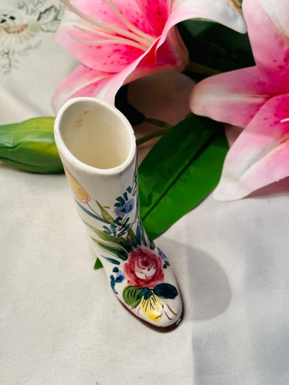 Vintage Hand-Painted Floral Ceramic Shoe Vase 10 cm