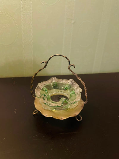 Vintage Green Glass Basket Dish with Metal Handle