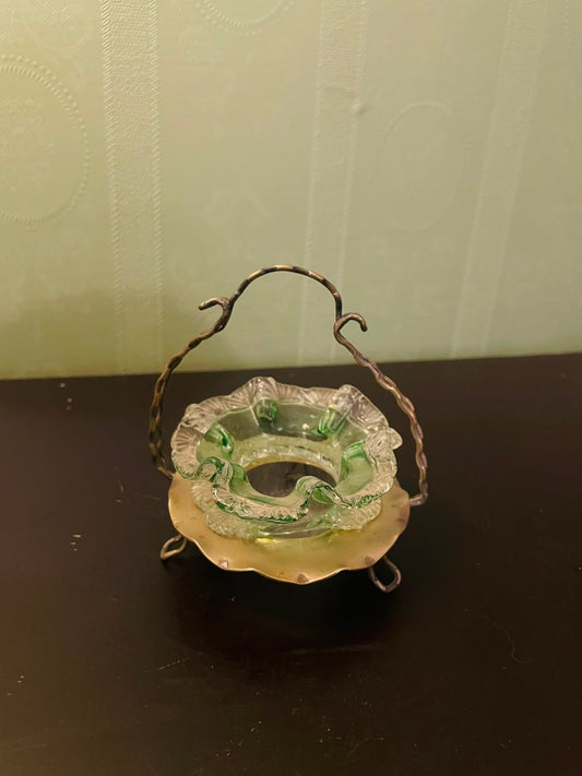 Vintage Green Glass Basket Dish with Metal Handle