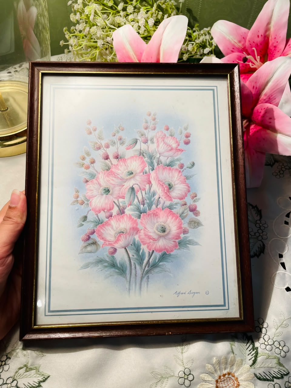 Pink Floral Framed Print Brown Frame Approx. 26 cm