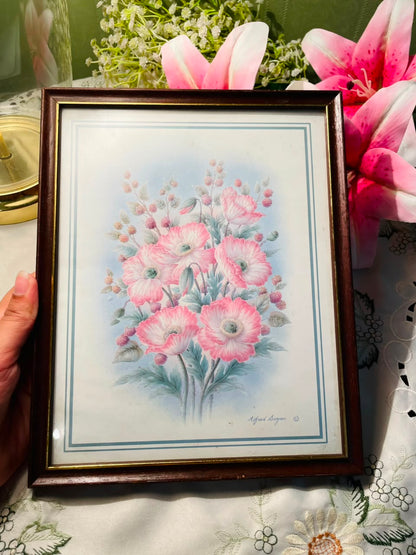 Pink Floral Framed Print Brown Frame Approx. 26 cm