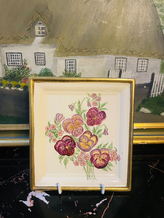 Vintage Floral Ceramic Wall frame – Hand Painted Pansy Bouquet with Gold Trim