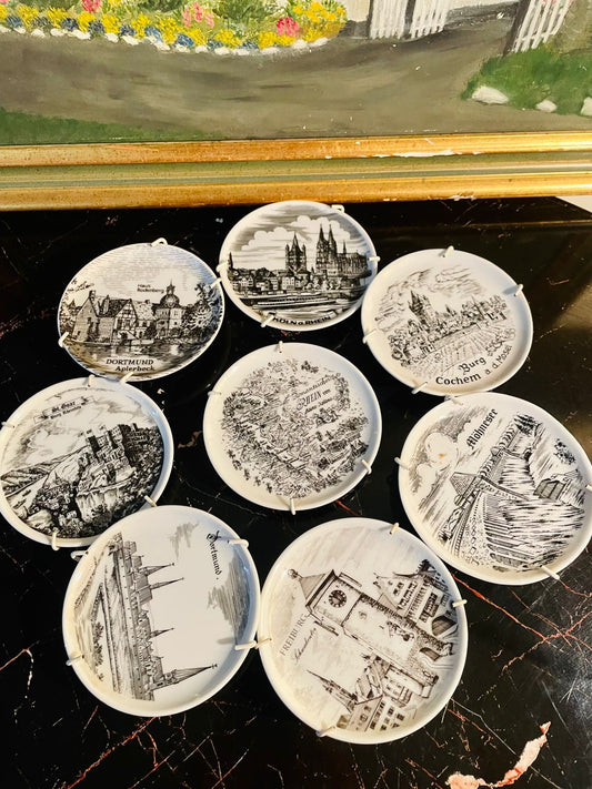 Vintage German Souvenir Porcelain Decor Plate – Mini wall decor plate - Black & White City & Castle Illustrations