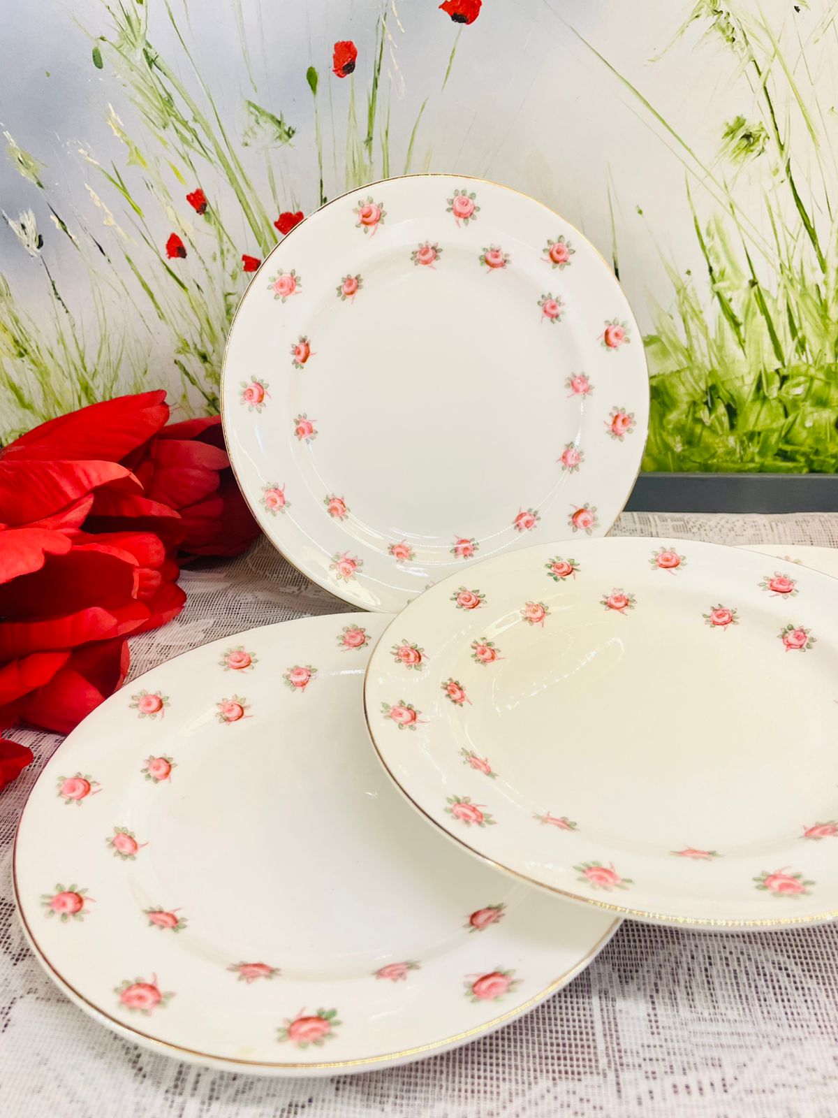 Vintage English Bone China Rose Plates Set of 4
