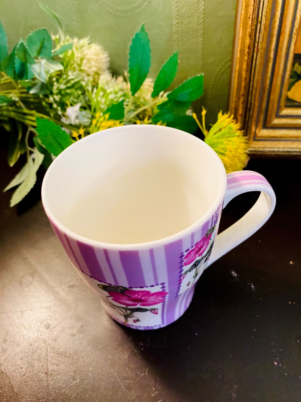 Floral Ceramic Coffee Mug 5 Inch Purple Stripe Tea Cup