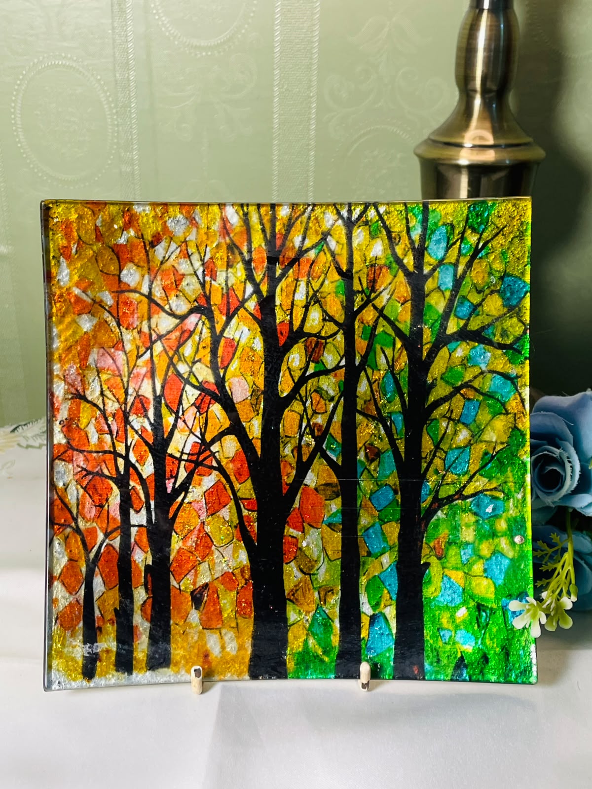 Colourful Tree of Life Glass Plater  20 cm
