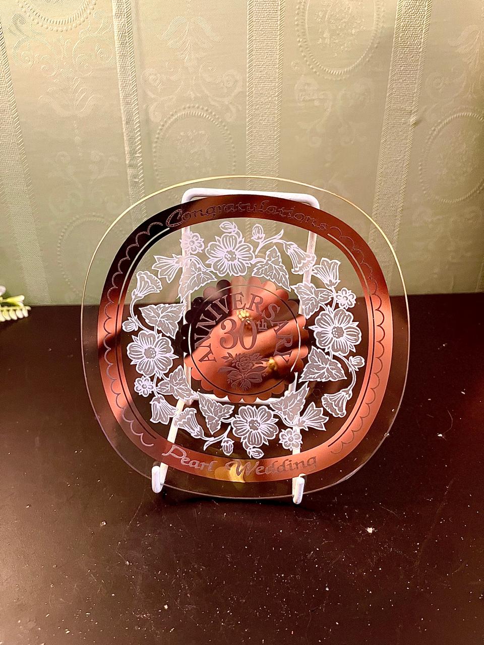 Vintage 30th Pearl Wedding Anniversary Glass Display Plate Floral Keepsake