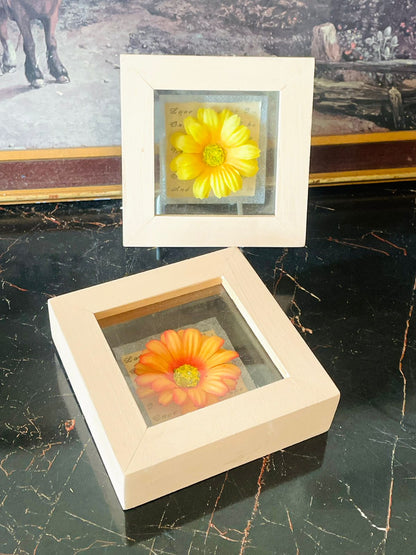 Set of 2 Wooden 3D Flower Shadow Frames – Yellow & Orange Daisy Decor
