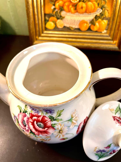 Vintage Floral Porcelain Teapot with Gold Trim – 7 Inch