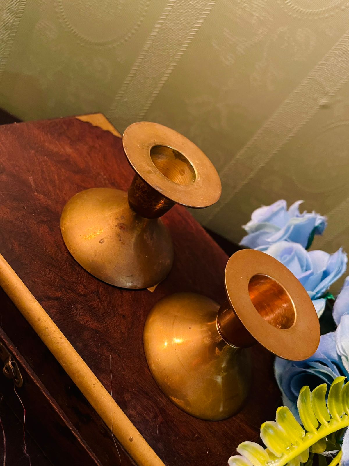Vintage Brass Low Candlestick Holder Pair
