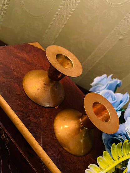 Vintage Brass Low Candlestick Holder Pair