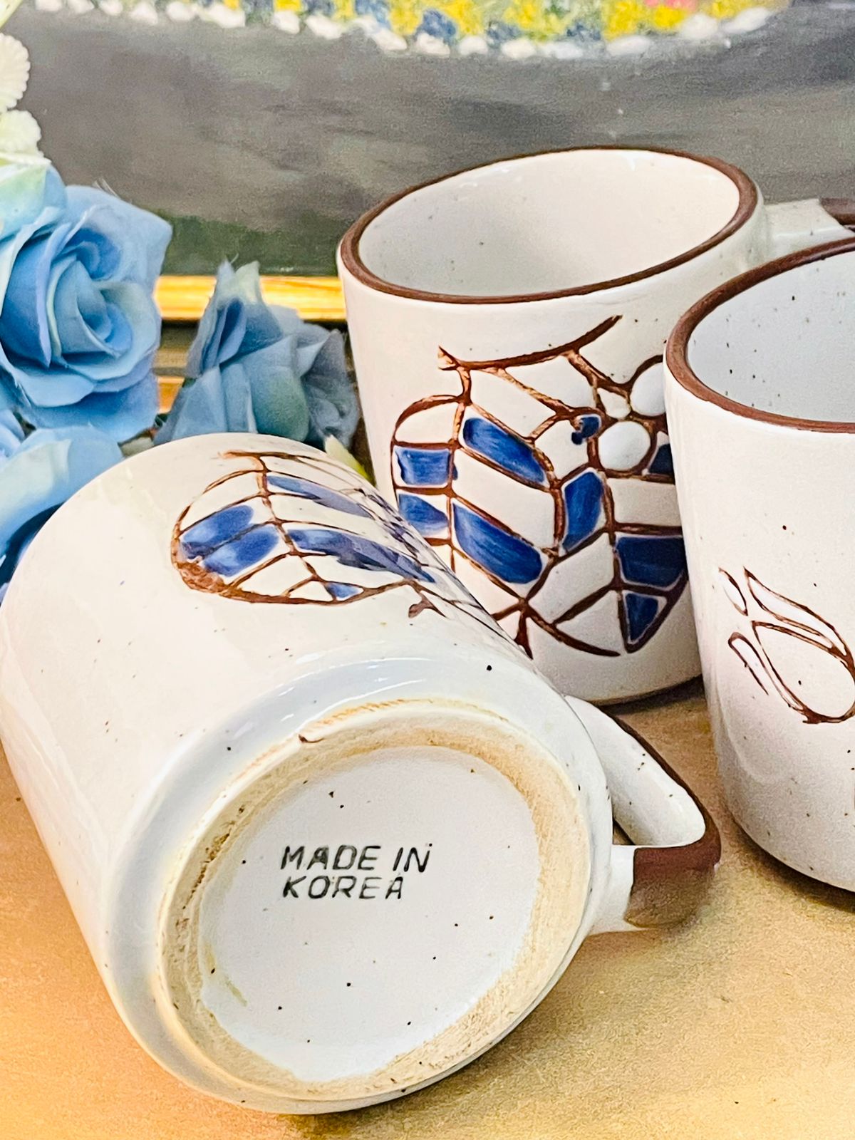 Vintage Korean Botanical Stoneware Mug Set of 4