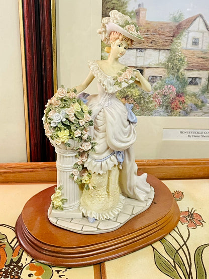 Leonardo Collection, Constance Figurine, Victorian Lady Decor, Floral Figurine, Collectible Lady Statue, Wooden Base Decor, Vintage Collectible Decor, Elegant Shelf Decor, Cottage Style Figurine, 1992 Figurine
