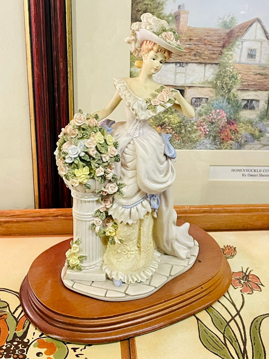 Leonardo Collection, Constance Figurine, Victorian Lady Decor, Floral Figurine, Collectible Lady Statue, Wooden Base Decor, Vintage Collectible Decor, Elegant Shelf Decor, Cottage Style Figurine, 1992 Figurine
