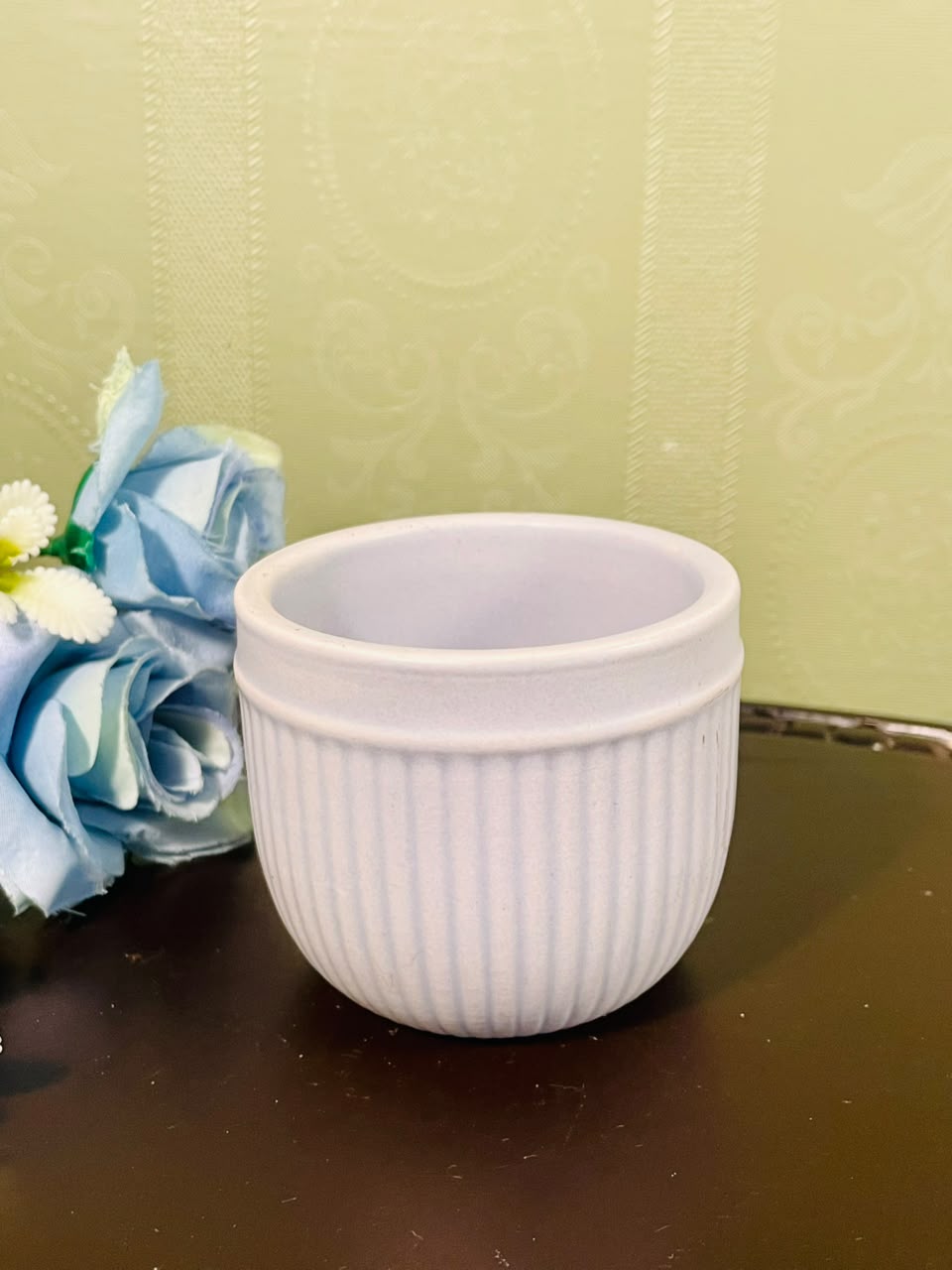 White Ribbed Ceramic Mini Planter – 3 Inch