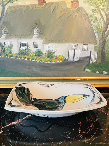 Hand-Painted Porcelain Bowl with Toucan Design – 11 Inches – Contemporary Art Deco Style