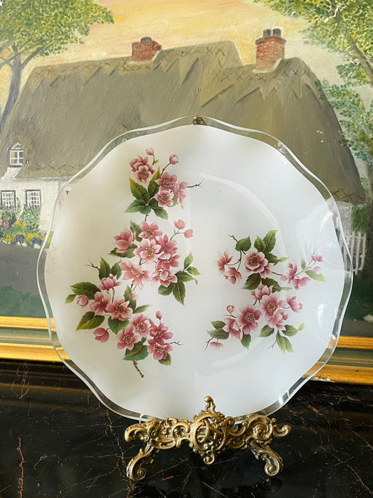 Vintage Frosted Glass Plate with Pink Blossoms – Scalloped Edge Decorative Dish