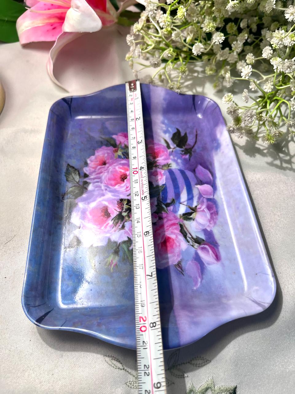 Purple Floral Serving Tray Pink Roses 8 Inch