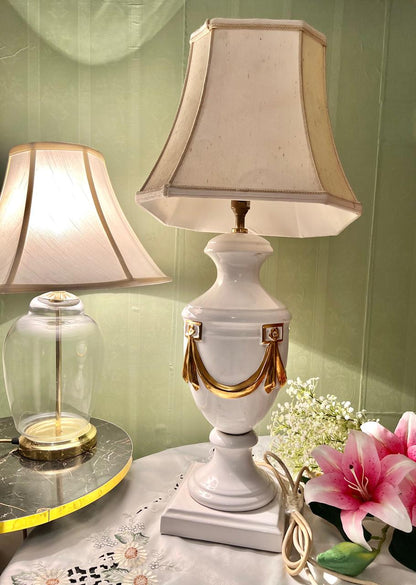 Vintage White & Gold Ceramic Table Lamp with Fabric Shade 70 cm