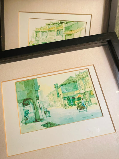 Set of 2 Original Watercolour Frames by Tan Choon Ghee | Penang Street Scene (1978)