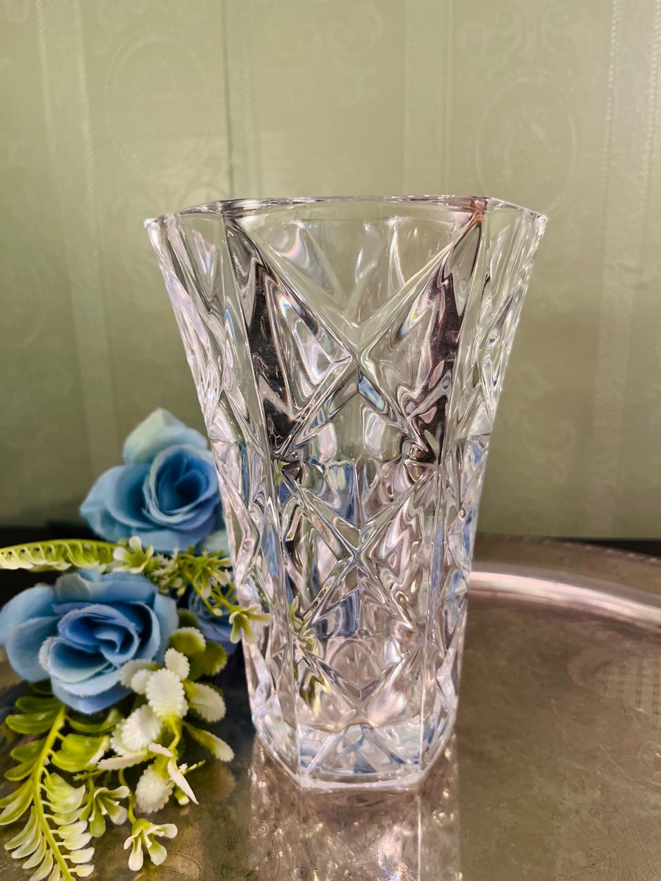 Vintage Large Cut Crystal Vase 17 cm Geometric Design