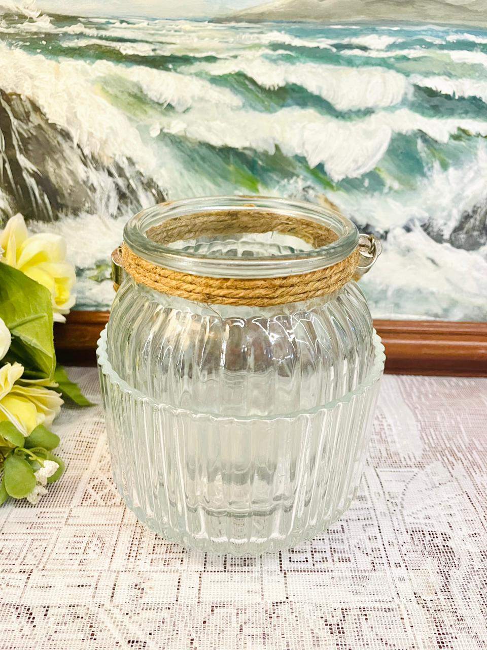Ribbed Glass Lantern With Rope Handle