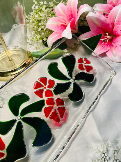 Clear Crystal Floral Serving Tray with Coloured Accents 13 in