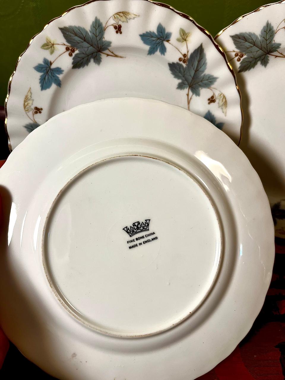 Fine Bone China Blue Maple Leaf Quarter Plates | 6 Inch | Set of 3 | Made in England