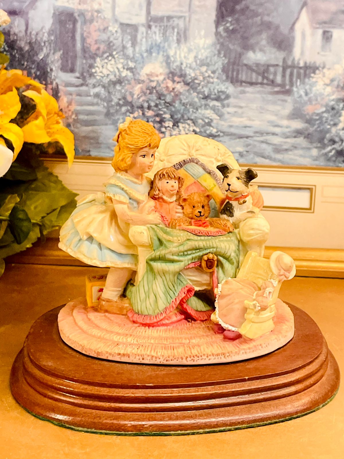 Vintage Leonardo Collection Figurine – Girl with Doll, Teddy & Dog Scene on Wooden Base
