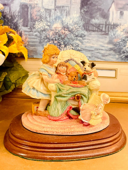 Vintage Leonardo Collection Figurine – Girl with Doll, Teddy & Dog Scene on Wooden Base