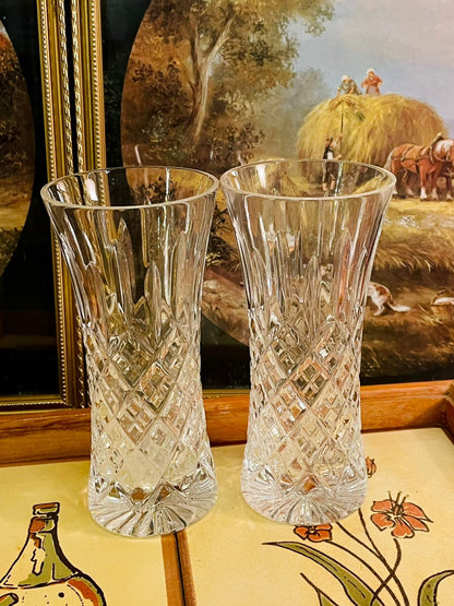 Set of 2 Cut Crystal Vases – Elegant Diamond Pattern Home Décor