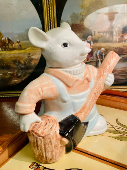 Vintage Mouse Woodcutter Teapot – Farmhouse Cottage Collectible