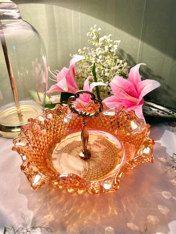 Vintage Amber Pressed Glass Serving Bowl with Metal Handle – Scalloped Rim, Approx. 24 cm