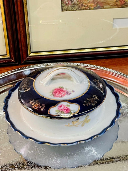 Vintage Navy & Gold Porcelain Butter Dish with Rose Motif