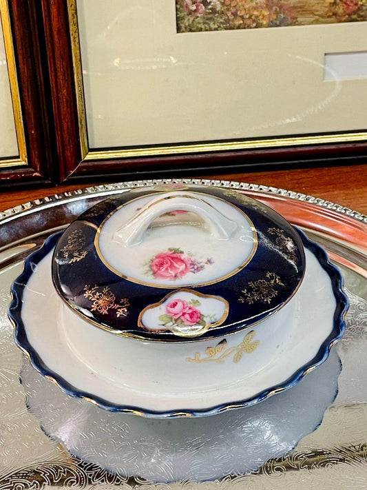 Vintage Navy & Gold Porcelain Butter Dish with Rose Motif