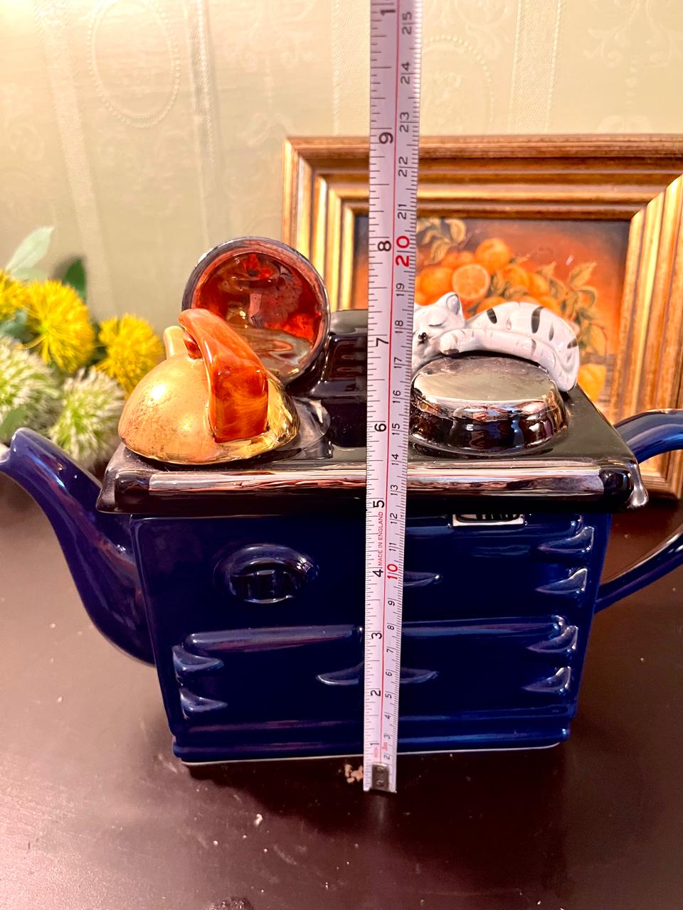 Vintage Range Cooker Ceramic Teapot – Blue Novelty Kitchen Teapot – 8 Inch