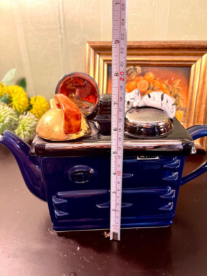 Vintage Range Cooker Ceramic Teapot – Blue Novelty Kitchen Teapot – 8 Inch